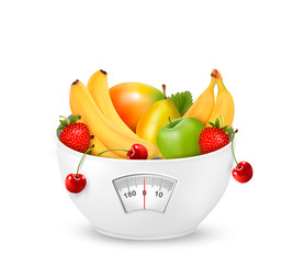 Fruit with in a weight scale. Diet concept. Vector.
