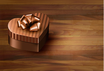 Heart-shaped gift box on wooden background. Vector.