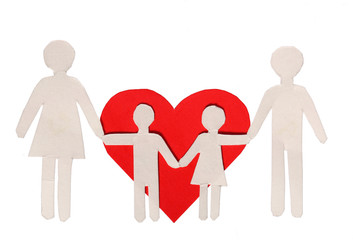 Paper Family and Red Heart isolated on white. Love and Family