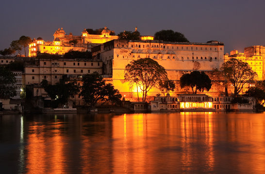 City Palace complex at night, Udaipur, Rajasthan, India