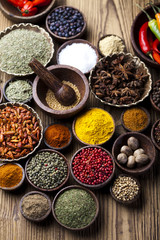 Assortment of spices in wooden bowl background 