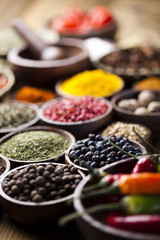 Assortment of spices in wooden bowl background 