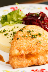 chicken fillet with mashed potato and beetroot salad