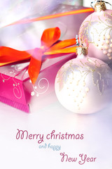 Christmas composition with gift box and decorations, postcard