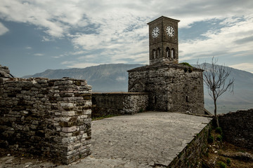 Clock tower in  old city of Gjirokastra, Albania