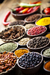 Assortment of spices in wooden bowl background 