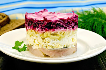 Herring with vegetables in white plate on a board