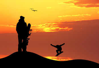 snowboarder silhouette at sunset