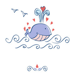 Little illustrated whale with hearts card design