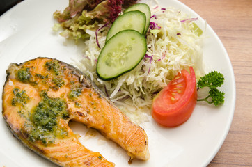 Grilled salmon, salad, chawanmushi and soup miso