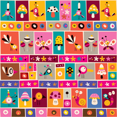 flowers, birds, mushrooms & snails nature collage pattern