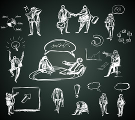Doodle business people for infographics on blackboard