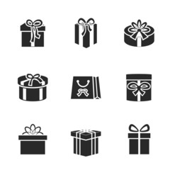 Gift boxes icons set with different ribbons and bows