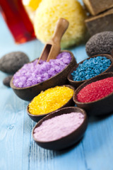 Sea salt in wooden bowl, organic products, Spa