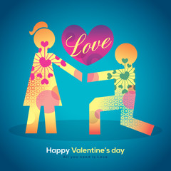 Valentine and wedding cartoon guy on knees proposing girl. Will