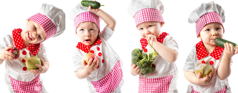 Collage of Baby cook girl wearing chef hat with fresh vegetables