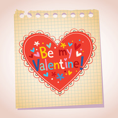 Be my Valentine note paper cartoon heart illustration