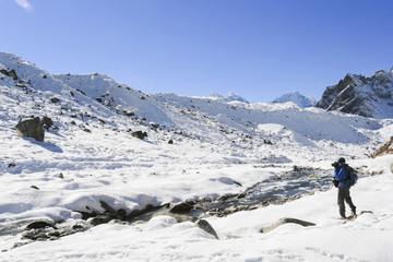 trekker   beside of everest from everest trek nepal