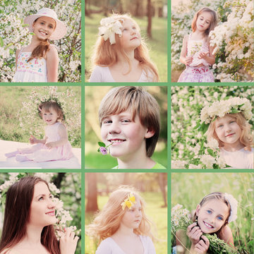 collage with spring portrait beautiful children