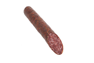 one salami sausage on white background