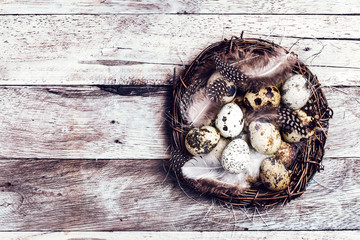 Easter basket with Easter Eggs on wooden background. Quail easte