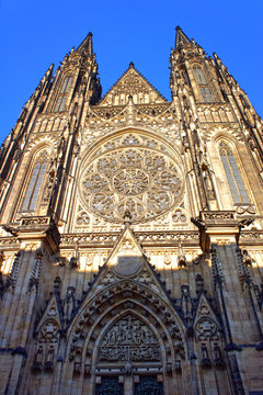 Front view of  St. Vitus gothic cathedral in Prague, Czech Repub