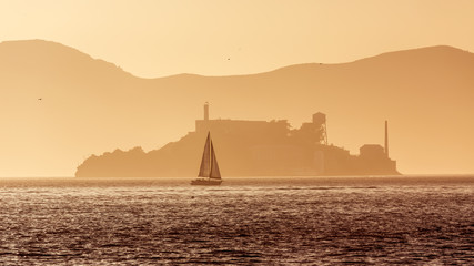 Alcatraz island penitentiary at sunset backlight in san Francisc