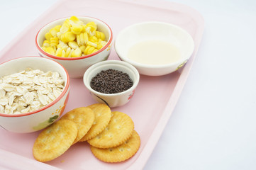 Corn oats chocolate cracker sweetened condensed milk pink tray
