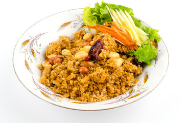 Crispy catfish salad on plate isolated white background