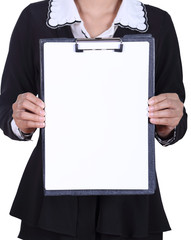close-up business woman holding a blank clipboard isolated on wh