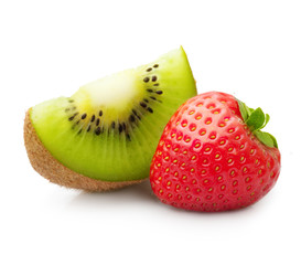 Kiwi fruit slice and strawberry isolated on white