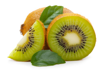 Kiwi fruit with leaves isolated on white