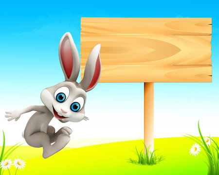 Happy bunny jumping with sign