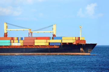 Container stack on freight ship in Black sea, Odessa, ukraine