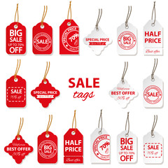 Sale labels big set in red and white colors.