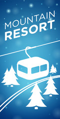 Mountain resort ropeway and spruce on blue background