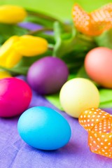 Colorful easter eggs with yellow tulips flowers