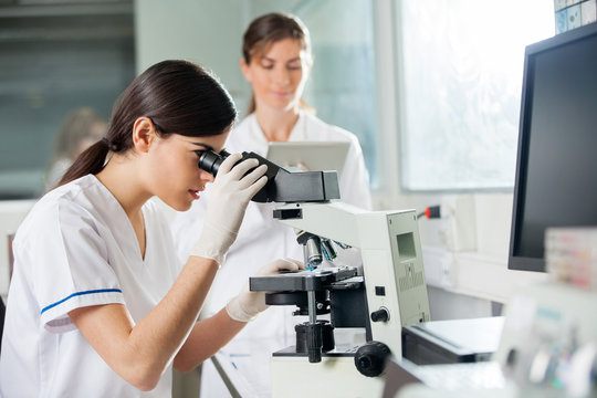 Female Researcher Looking Through Microscope