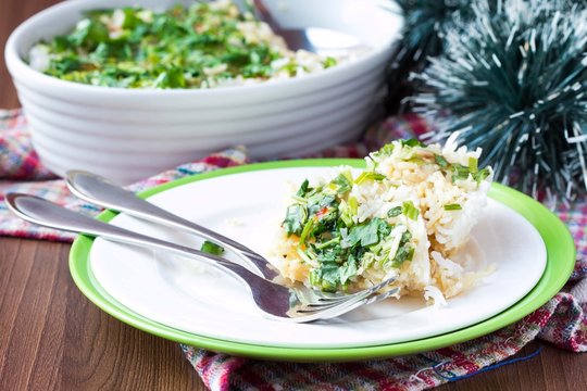 Rice casserole with egg, green spring onions, cilantro, chili