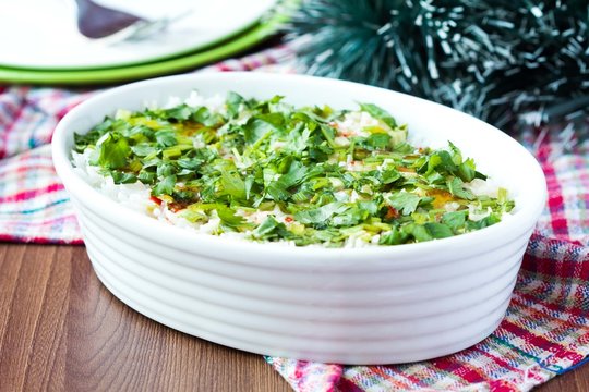 Rice Casserole With Egg, Green Spring Onions, Cilantro, Chili