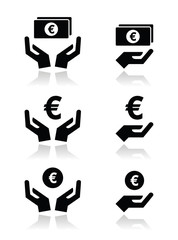 Hands with euro banknote, coin vector icons set