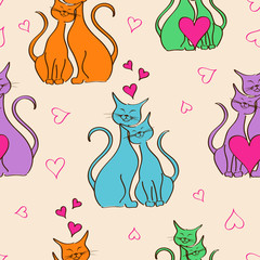 Seamless pattern with pair of lovers cats