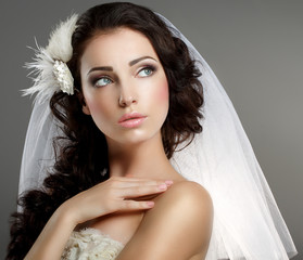 Wedding. Quiet Bride in Classic White Veil Looking Away