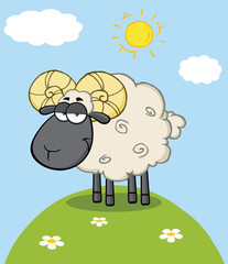 Cute Black Head Ram Sheep Cartoon Mascot Character On A Hill