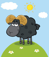 Cute Black Ram Sheep Cartoon Mascot Character On A Hill