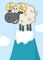 Smiling Ram Sheep Cartoon Character On Top Of A Mountain Peak