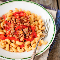 Cellentani Pasta with Minced Beef, Tomato and Capsicum Sauce