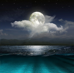 Fantasy landscape - moon, lake and fishing boat