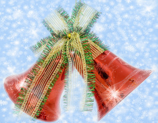 Christmas bells with bow on shiny background snowflakes