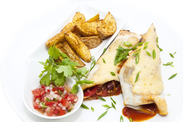 Mexican food dishes at the restaurant on a white background